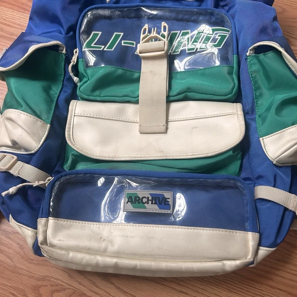 Li-Ning Vintage Retro Blue Green Archive Backpack Clear Pockets 90s